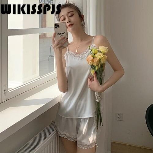 WIKISSPJS2021 NEW sleepwear sexy pajamas black pajamas set Polyester Summer Lace Homewear Loose Simple Home Ladies Sling Set