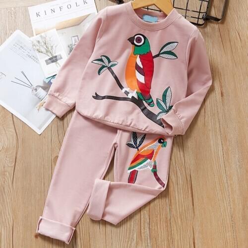 Girls' Clothing Suits 2021 Spring New Campus Hiking Cotton Comfortable Cartoon Pattern Boutique Tops and Pants Two-Piece