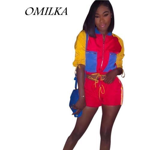 OMILKA 2018 Summer Women Long Sleeve O Neck Crop Top and Shorts Set Casual Contrast Color Club Party 2 Piece Set Clothing Set