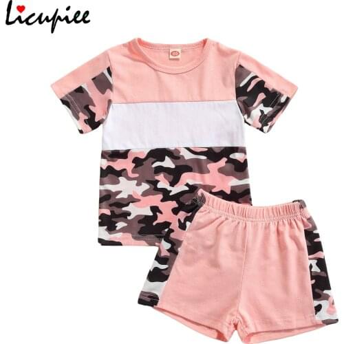 1-6 Years Print Floral Children Camouflage Clothes Set, Contrast Color Short Sleeve O-neck T-shirt + Elastic Waist Shorts