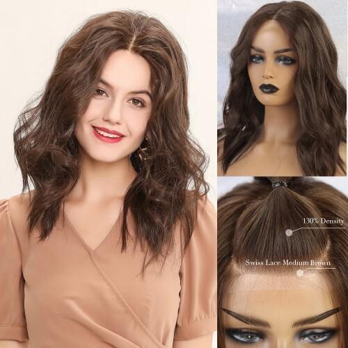 BLONDE UNICORN Medium Long Wave Lace Front Hair Wig Brown Blend Human Hair and Synthetic Wigs For Women Daily Use