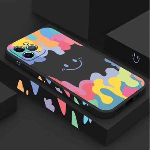 Rainbow Cute Smiley Pattern Square Phone Case For iPhone 12 11 Pro MAX Mini XS X XR 7 8 Plus SE 2020 Liquid Silicone Soft Cover