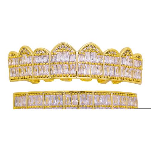 Luxury Rapper Iced Out Square CZ Gold Teeth Grillz Top Bottom Grills For Men Women Punk Vampire Fake Tooth Cap Fashion Jewelry