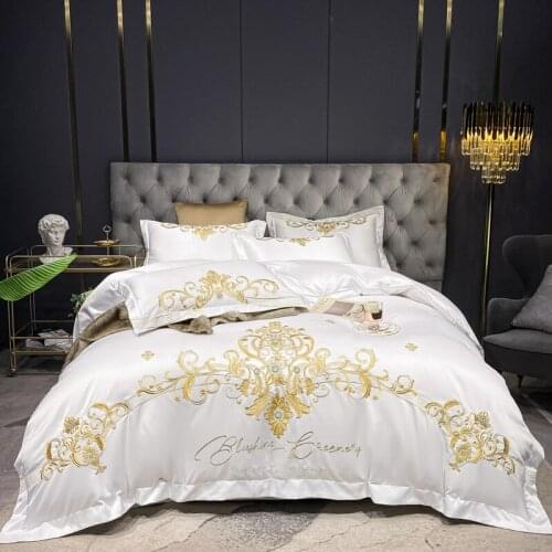 Luxury Satin Silk Cotton Gold Embroidery Bedding Set Duvet Cover Set Quilt Cover Bed Comforter Set Fitted Bed Sheet Pillowcases