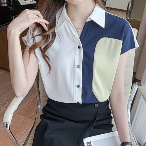 Short-sleeved Shirt 2021 Summer New Fashion Color Top Woman Blouses Free Shipping Items Clothes for Women V-Neck Chiffon 0952