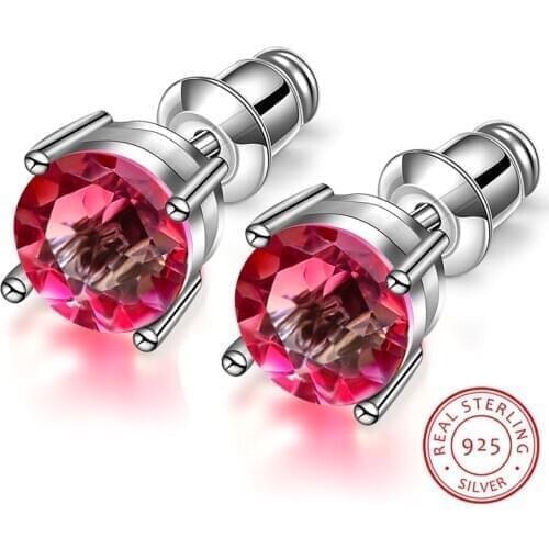 Charm Female 6/7/8mm Pink Yellow Rainbow Earrings 100% Real 925 Sterling Silver Earrings For Women Small Round Stud Earrings