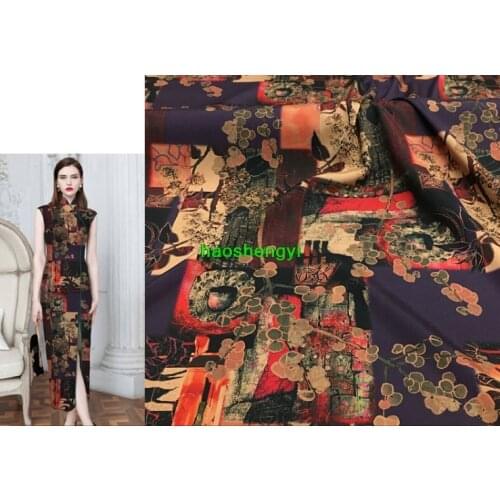 New product purple tone Chinese style printed cloud yarn mulberry silk fabric