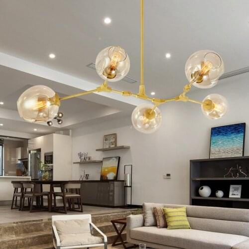 Post Modern Nordic Brown Glass Lampshade Aluminium Chandelier Lamp for Living Room