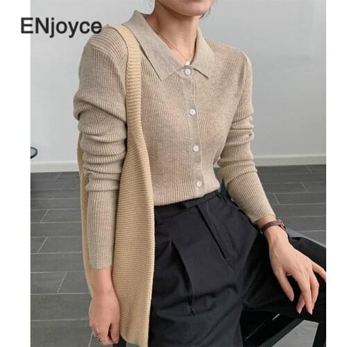 Women New Lapel Design Knitted Sweater Cardigans Female Korean Style Fashion Long Sleeve All-Match Knitting Clothes Cropped Tops