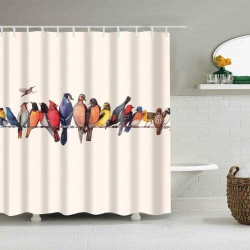 Cartoon Animals Shower Curtain Colored Birds on Wires Bath Accessories with 12 Hooks Waterproof Polyester Fabric Bathroom Decor