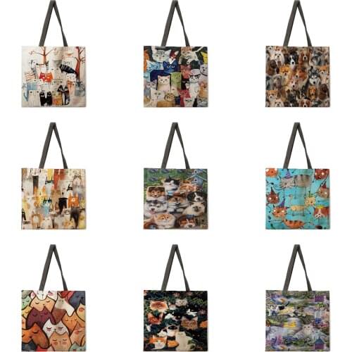 Womens beach bag foldable shoulder bag shopping bag cat group printed tote bag linen casual tote bag reusable