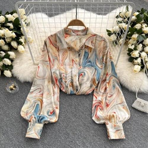 2021Autumn New Gradient Print Shirt Women Blouse Vintage Work Casual Tops Chiffon Blouse Korean Design Long Sleeve Loose Shirts