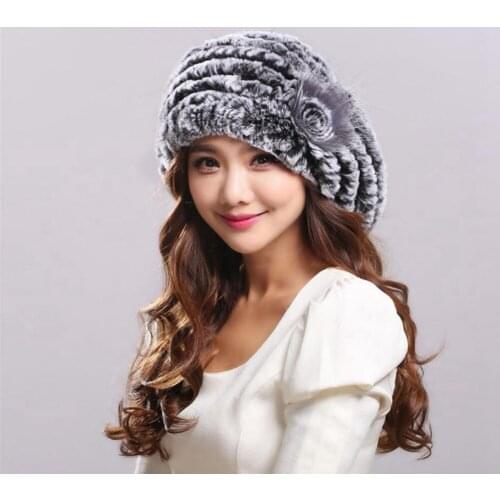Womens Berets hat Rex rabbit fur Knit hat winter warm Fur Cap With Silver Fox flower
