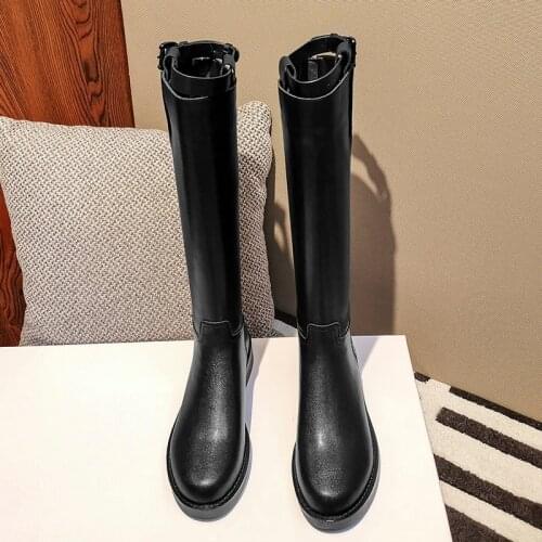 MEZEREON Round Toe Riding Equestrian Boots Zipper Buckle Straps Designer Thigh High Boots Split Leather Women Winter Shoes