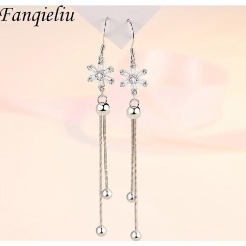 Fanqieliu Long Real 925 Sterling Silver Drop Earrings For Women Vintage Crystal Dangle Jewelry Flower Earrings Girl FQL21347