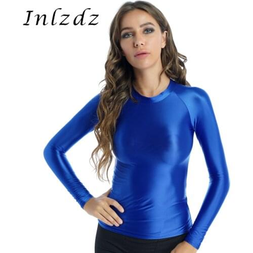 Womens Tops Tees Glossy O Neck Long Sleeve Slim Fit T-shirt Tops Breathable Ladies Yoga Tops Sportwear for Running Jogging