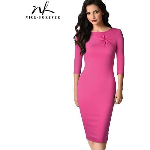 Nice-Forever New Spring Vintage Pink Color Elegant Work Dresses Business Office Bodycon Fitted Slim Women Dress B608