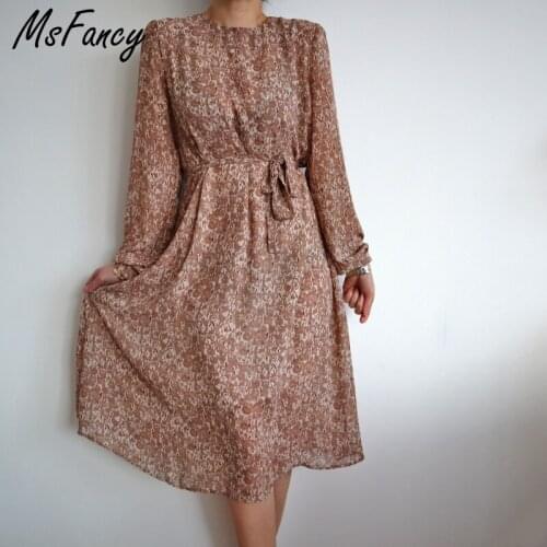 Msfancy Leopard Print Chiffon Dress Women 2021 Long Sleeve Plus Size Vestido De Mujer O-neck Lace Up Elegant Robes