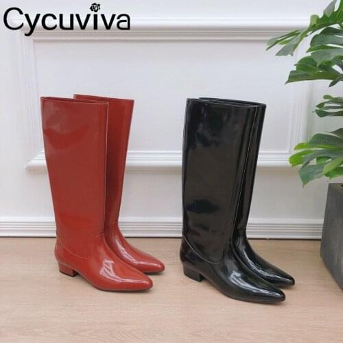 Winter Patent Leather Chelsea Boots Women Shoes Chunky Heel Pointed Toe Long Boots For Women Slip On Riding Boots Female Botas