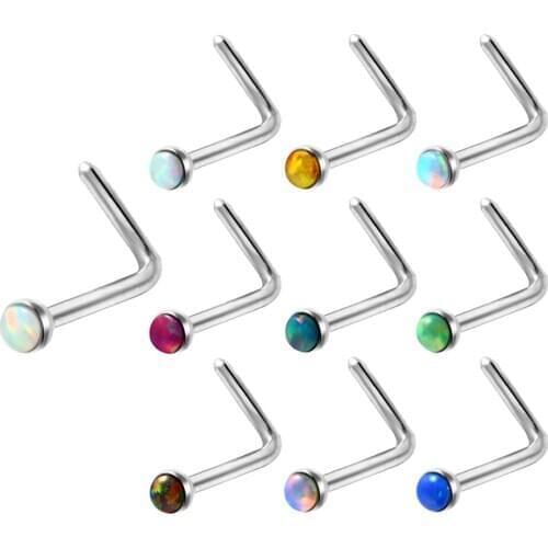 10Pcs/lot Stainless Steel Opal Stone Nose Studs Lot For Women L Shape Nose Piercing Bar Pin Nose Rings Body Piercing Jewelry