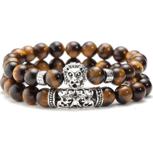 2 Piece Set Of Classic Lion Men Charm Bracelet Luxury 8mm Matte Tiger Eye Bracelet Mens Jewelry Gift
