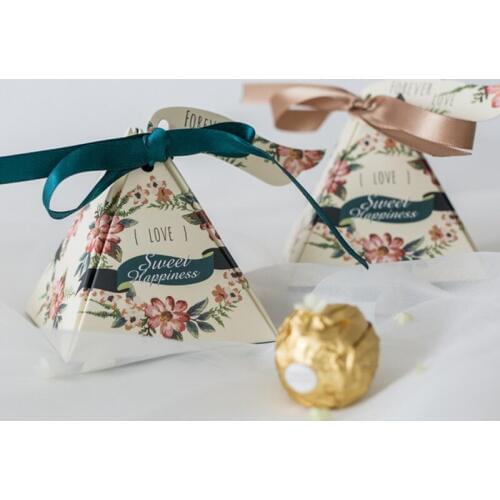 25pcs/lot Forest Style Forever Love Sweet Happiness Wedding Candy Box DIY Beautiful Flower Candy Gift Box With Green Ribbon Card