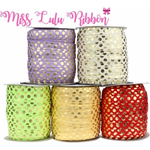 5/8"16mm(1.5cm) black gold foil polka dots printed fold over elastic ribbon glitter band handmade hair bows sewing tool 50 yards