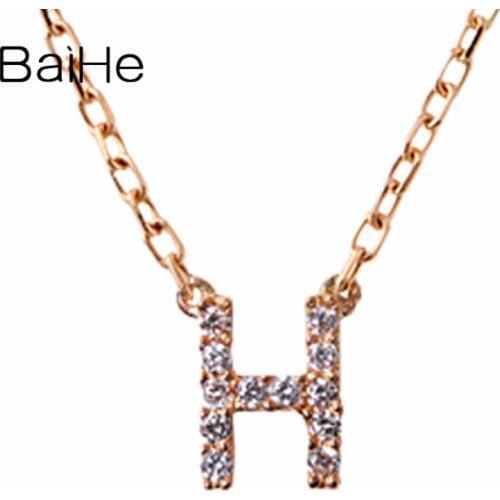 BAIHE Solid 18K Rose Gold 0.10ct H/SI Natural Diamonds Wedding Women Trendy Fine Jewelry Gift Pave diamond letters Necklaces