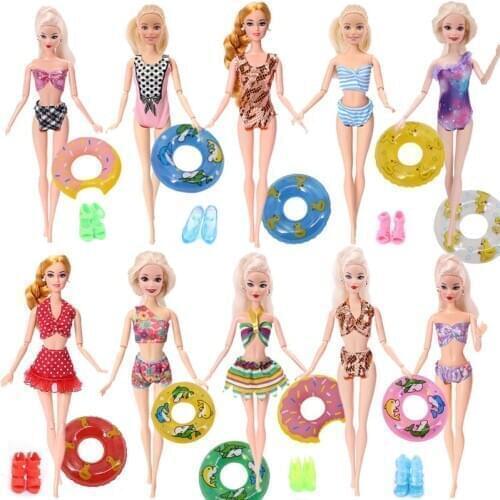 FreeShiping 2Pcs=1xDoll Swimwear Beach Bathing Clothes Bikini Swimsuit+1xSwimming Buoy Lifebelt Ring For Barbie Doll Girl Toy
