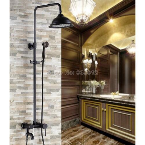 Black Oil Rubbed Bronze Wall Mounted Rain Shower Faucet Set with Bathroom Single Handle Bathtub Mixer Taps + Hand Spray Wrs361
