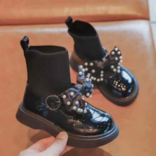 Childrens High-top Socks Boots Autumn 2021 New Girls Bow Pearl Leather Shoes Solid Color Princess Shoes Spot Cute Hot Fashion