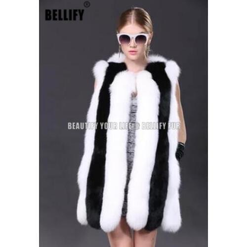European and American Fashion Milan Fur vests , 100/100 women Winter natural fox fur gilets black White striped vogue fur vests