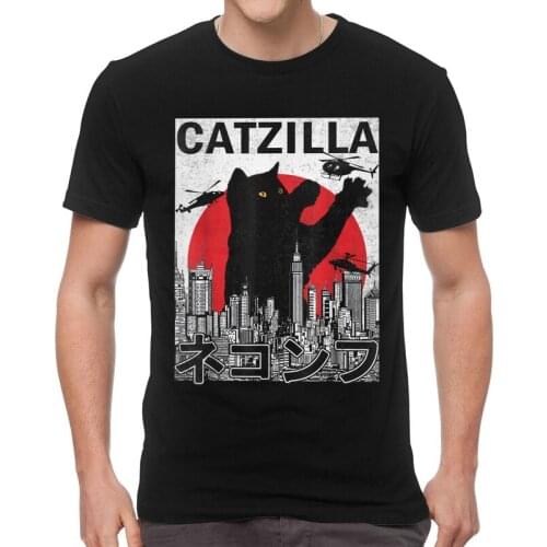 Catzilla T Shirt Men Short Sleeve 100% Cotton T-shirts Japan Vintage Sunset Style Cat Kitten Lover Tee Novelty Tshirt Gift