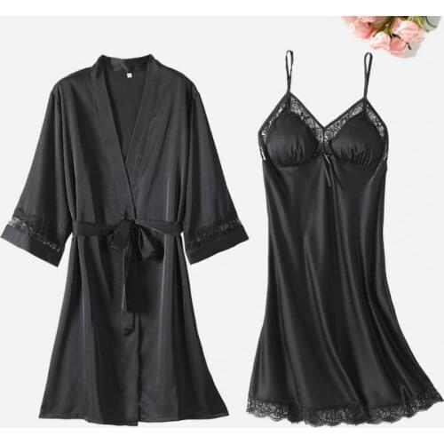Bride 2PCS Kimono Bathrobe Gown Satin Women Wedidng Robe Set SEXY Sleep Suit Casual Summer New Lace Sleepwear Intimate Lingerie