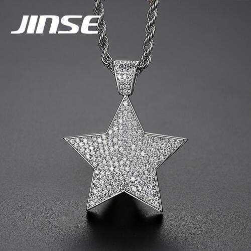 JINSE Iced Zircon Star Pentagram Pendant Necklaces Charm Gold Silver Color Copper Micro Pave AAA CZ Mens Hip Hop Jewelry