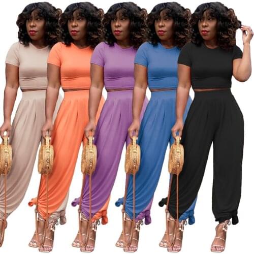 Echoine Short Sleeve Crop Top Tshirt Hight Waist Wide Leg Pants Set Two Piece Set Casual Party Clubwear Outfits Matching Set