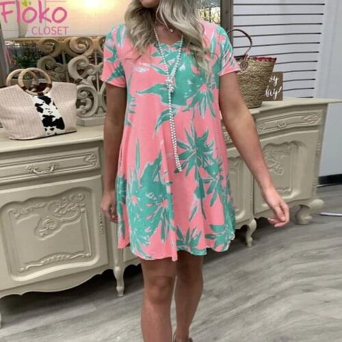 Flokocloset Summer V-Neck Print Mini Dresses Casual Vintage All-match Short Sleeve Beach Dresses Vestidos