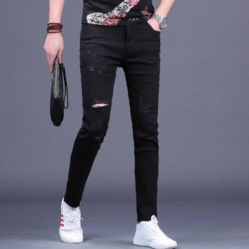 Summer Thin Black Ripped Jeans Men Streetwear Holes Slim Fit Pencil Pants