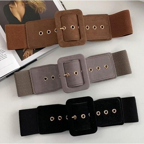 Fashion Suede Women Belt Slim Elastic Wide Belt Square Buckle Waistband Female Ladies Dress Coat Decoration Straps Cummerbund