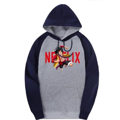 One Piece Solid Men Sweatshirts Luffy Raglan Hooded Fashion Fleece Pullovers Fleece Harajuku Hoodies Male Punk Black Hoody Homme