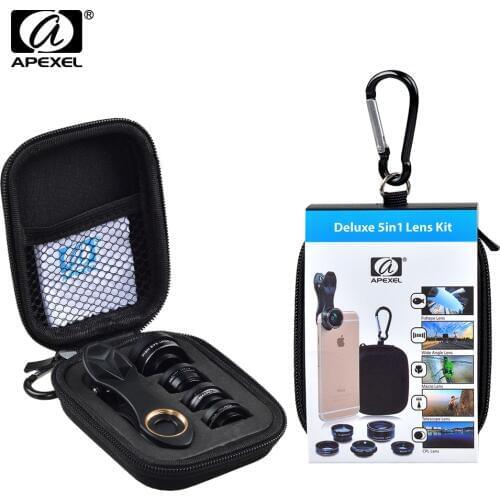 Apexel 5 in 1 HD Camera Lens Kit Fisheye Lens+0.63x Wide Angle+15x Macro Lens+2X Telephoto Lens+CPL Lens for iPhone Samsung DG5