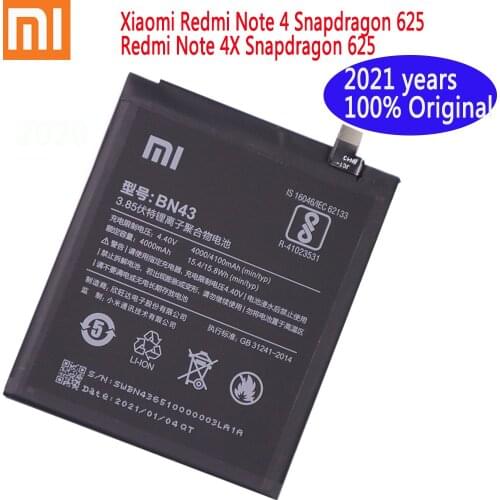 2021years 4000mAh 100% xiaomi Original Battery BN43 For Xiaomi Redmi Note 4X Note 4 global Snapdragon 625 Phone Battery