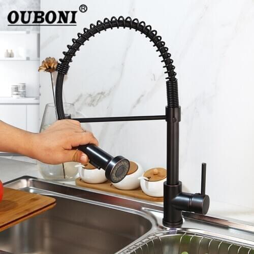 OUBONI ORB Solid Brass Pull Out Kitchen Faucet Deck Mount 2 Water Ways Sprayer Spring Swivel Kitchen Sink Mixer Tap
