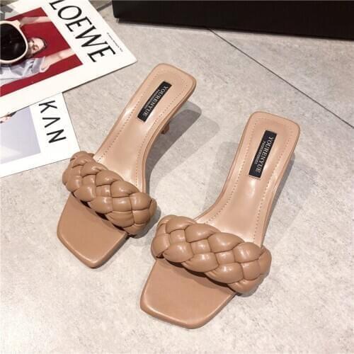 Women Sandals 2020 Summer New Femmes High Square Heel Flip Flop Ladies White Women Slipper Elegant Women Slides Shoes