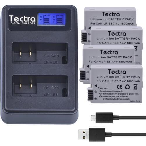 Tectra 4PCS LP-E8 LPE8 LP E8 7.4V/1800mAh Li-ion Battery + LCD USB Dual Charger For Canon EOS 550D 600D 650D 700D