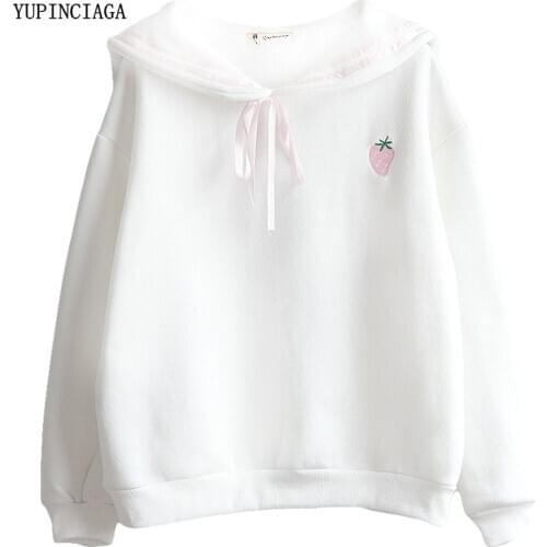 Womens Steawberry Embroidery Hooded Sweatshirts 2020 Solid color Cute Harajuku Hoodies Femme Drawstring Tracksuit YUPINCIAGA