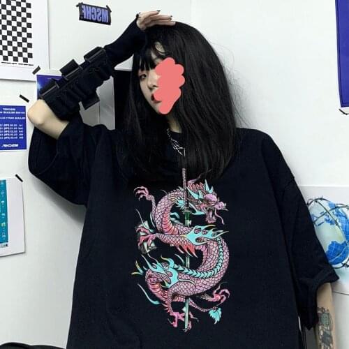 Harajuku Vintage T Shirt Chinese Dragon Print Women t-shirt kpop ropa mujer y2k tops korean style tshirt aesthetic femme t-shirt