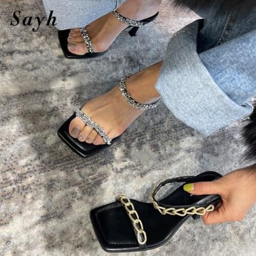 Women Shiny Rhinestones Crystal High Heels Sandals Stilettos Pumps Sexy Metal Chain Mules Party Club Dress Shoes