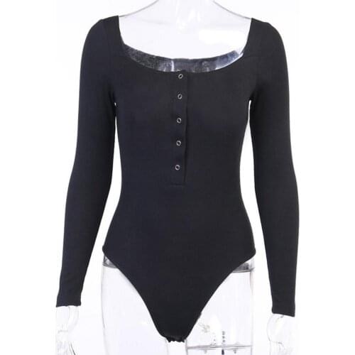 Sexy Women Square Neck Long Sleeve Buttons Ribbed Bodysuit Knitted Slim Romper