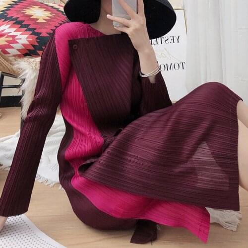 Miyake pleated Patchwork maxi dresses for women 2020 contrast stitching Button two-piece plus size dress long sleeve split dress